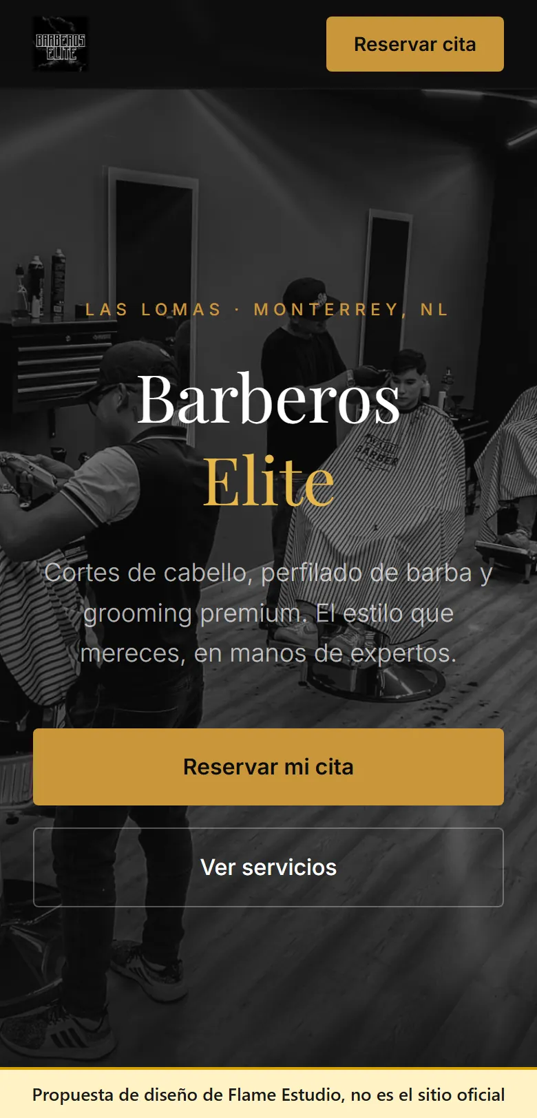 Captura en celular de la propuesta de diseño para Barberos Elite